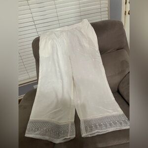 White Embroidered Wide-Leg Pants with Decorative Hem